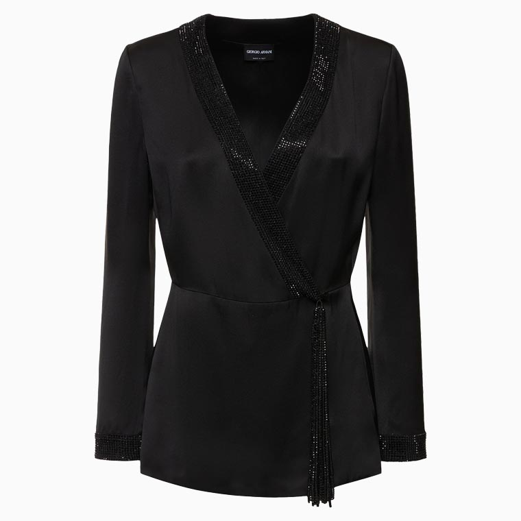 women black tie attire guide giorgio armani embellished silk satin wrap blazer - Luxe Digital