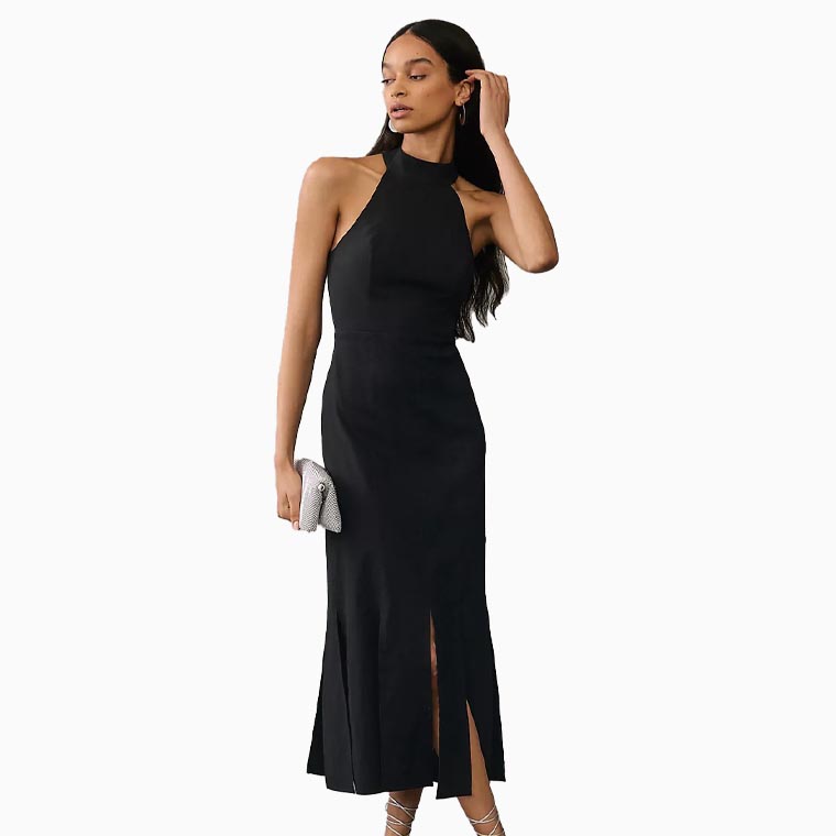 women cocktail attire guide by anthropologie halter slit midi dress - Luxe Digital