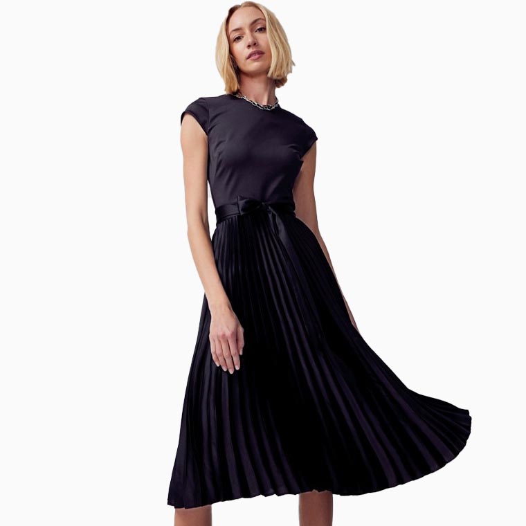 women cocktail attire guide whbm scuba knit satin pleated dress - Luxe Digital